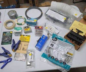 lot 672 image: Hardware Supplies Lot Tape Wire Nails Clamps Sandpaper Tools