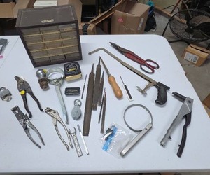 lot 673 image: Hand Tool Lot with Stanley Tape Measure, Pliers, Chisels, Calipers and Storage Organizer