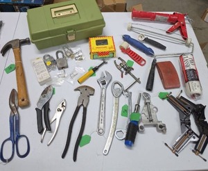 lot 674 image: Mixed Hand Tools Lot with Tool Box, Wrenches, Pliers, Hammers, Hardware