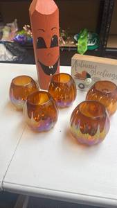 lot 204 image: Autumn Fall Pumpkin Candle Holder Lot 5 Orange Scalloped plastic Tumblers, Wood Wall Accent, and Wooden Pumpkin