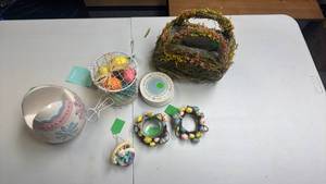 lot 208 image: Easter Decor - baskets, napkin holder, figurine, candle holder wreaths, coasters