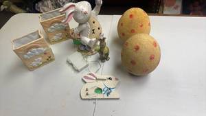 lot 209 image: Easter Decoration Lot - bunny figurines and wood bunny, ceramic bags, foam glittery eggs