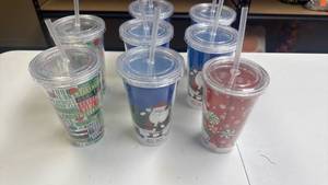 lot 216 image: Holiday Themed Plastic Tumblers with Lids and Straws 6-Pack
