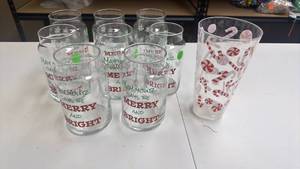 lot 217 image: Holiday Drinking Glasses 9-Piece Set Merry and one plastic Bright Snowflake Candy Cane Cup