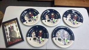 lot 219 image: Christmas Dinnerware Set 5 Plates 1 Framed Print Bear Snowman Design