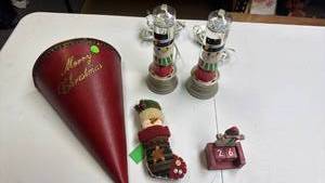 lot 221 image: Christmas Decoration Lot - Cone Wall Vase, ornaments, and Snowman Lights