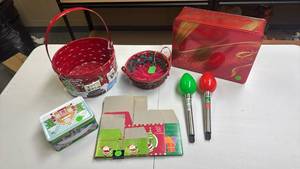 lot 226 image: Christmas Holiday Decoration Lot 2 - small gift boxes, tins, baskets, and two stake lights
