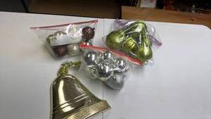 lot 231 image: Christmas Ornaments and Bell Decor - brownwhite, silver, green and a flat bell to hang up