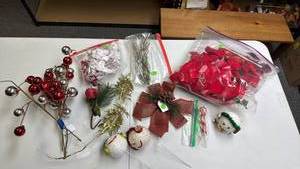 lot 232 image: Christmas Crafting and Decor Lot - wreath pics, burlap bow, bag of red bows, small plastic candy canes