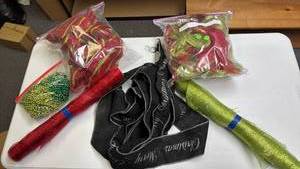 lot 235 image: Christmas Ribbon and Beads - Black Merry Christmas Burlap, Green and Red Mesh Fabric, and Green Garland beads