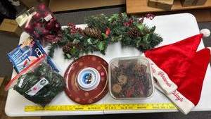 lot 241 image: Christmas Holiday Decor - Serving Tray with Dip bowl, pine cones, Santa Hats, garland w pine cones, red balls and light clips