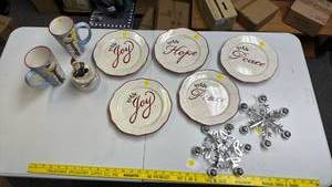 lot 254 image: Holiday Plates, Mugs, Jar w Santa topper, and two silver snowflake ornaments