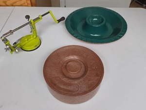 lot 809 image: Tortilla Warmer w lid, Ceramic green chip and Dip Plate, and an apple corer