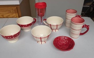 lot 816 image: Red and White Ceramic Bowls and Glasses, and one plastic drinking cup