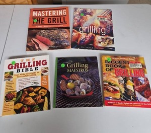 lot 822 image: 5 Grilling Cookbooks Lot - Mastering The Grill, Grilling Bible, Grilling Maestros, DK Grilling, Biggest Book