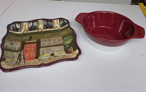 lot 838 image: Library themed decorative plate, and a red and white two-tone stoneware casserole dish