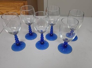 lot 839 image: Set of 6 Wine Glasses with Blue Beaded Stems and Bases