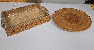 lot 851 image: Pyrex 9x13 Baking Dish with Wicker Basket Holder and Wooden Cake Stand (cake stand does spin, but not easily)