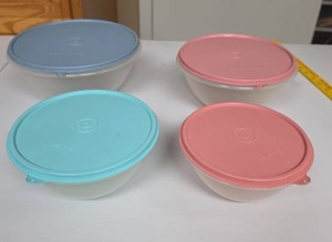 lot 855 image: 4-Piece Tupperware Food Storage Container Set with Colored Lids