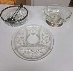 lot 859 image: Glass Serving Bowls and Platters Lot 3 Pieces with Silver Plate Serving Utensils.