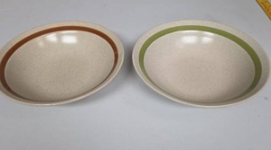 lot 861 image: 2 Ceramic Bowls with Brown and Green Rim Bands 9 inch