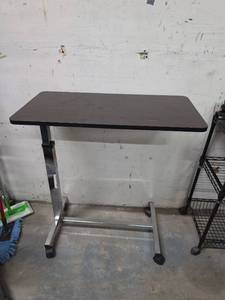 lot 307 image: Adjustable Height Over Bed or Mobile Computer Table  Cart on casters with wood top.  30 W x 15 D Height adjusts 29 to 45
