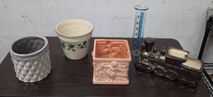 lot 329 image: Lot of 4 Decorative Planters including a train and a glass rain gauge tube