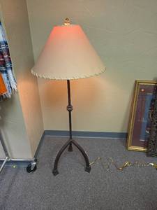 lot 330 image: Floor Lamp with Cream Cone Shade with Leather Rope Edge Detail and Metal Tripod Base  21 W x 53 H