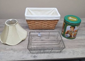 lot 332 image: Woven basket with liner, metal tray basket, vintage decorative tin and a small beige lampshade