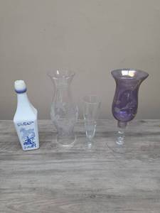 lot 336 image: Glass Vases, Hurricane Lamp Shade, and WhiteBlue decorative bottle