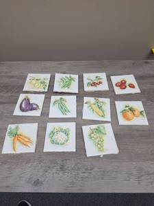 lot 337 image: Lot of 11 Signed Vintage Vegetable Illustration Tiles Hand Painted. (One tile has a little bit of grout build up on the back)