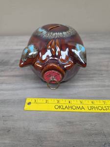 Vintage 1957 Hull Pottery Corky Pig Brown Drip Glaze Piggy Bank with original cork nose
