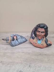 lot 342 image: 2 Native American Figurines - Bust and Carved Stone Piece in Arrowhead shape