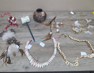 lot 344 image: Lot of Native Handmade Dreamcatchers, Decorative Ornaments, Pottery and Craft Items.