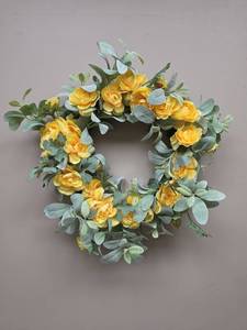 lot 345 image: Floral Wreath with Yellow Roses and Eucalyptus Leaves 16 inch.
