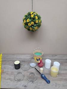 lot 346 image: Home Decor Lot - Candles, Metal Basket, and Hanging Flower Ball