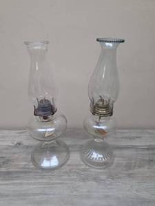 lot 349 image: Glass Oil Lamp Lot of 2 with Hurricane Chimneys and Burner Assemblies.