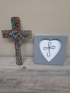lot 350 image: Beaded Cross and WoodMetal Heart Cross Wall Art