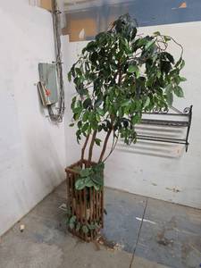 lot 354 image: Large Artificial Ficus Tree with Slatted Wood Planter Base. 30 W x 73 H.  Base is 10.5 square.