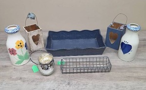 lot 355 image: Decorative Home Decor Lot - Blue Metal Tray, Wire Tray Basket, Hearth Themed Wood Baskets and Ceramic Milk Bottles and more