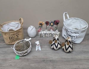lot 359 image: Farmhouse Decor Lot Baskets, Metal Basket with Bird, Dog figurine, BUGS blocks with floral tops, Pear Shaped wood accent decor