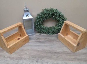 lot 361 image: Two Wood Caddies with Handles, Metal Star Lantern, and Artificial Wreath