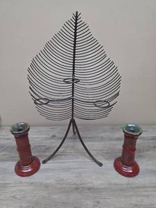 lot 363 image: Wire Leaf Tea Light Holder and two Red Stoneware Candle Holders