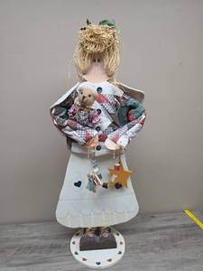 lot 366 image: Wood Angel with Quilted top, Straw Hair and Teddy Bear - Approximately 19 Inches.