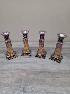 lot 380 image: Set of 4 Decorative Candlesticks Purple Gold Black Floral Design.