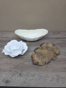 lot 384 image: White Ceramic Decorative Bowl with Scalloped Edge, Leaf Pattern Stone Plate, and Ceramic Cabbage Decor.