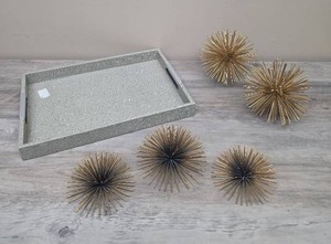 lot 388 image: Decorative Metal Brass Colored Spheres and a Gray Reptile textured Serving Tray.