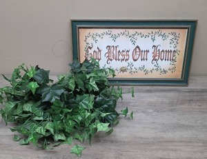 lot 394 image: God Bless Our Home Framed Wall Art Print and a bundle of Ivy Leaf Artificial Greenery stems