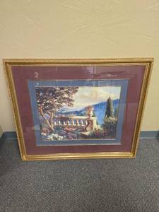 lot 404 image: Framed Landscape Print Mediterranean Balcony Scene 38W x 32.5 H inches.