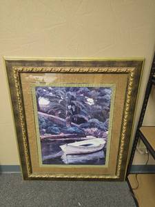lot 405 image: Large Framed Print Landscape Boat Water Scene Multi-Mat in Ornate Frame, from Kirklands, original price $225.   38Ww x 44 H.
